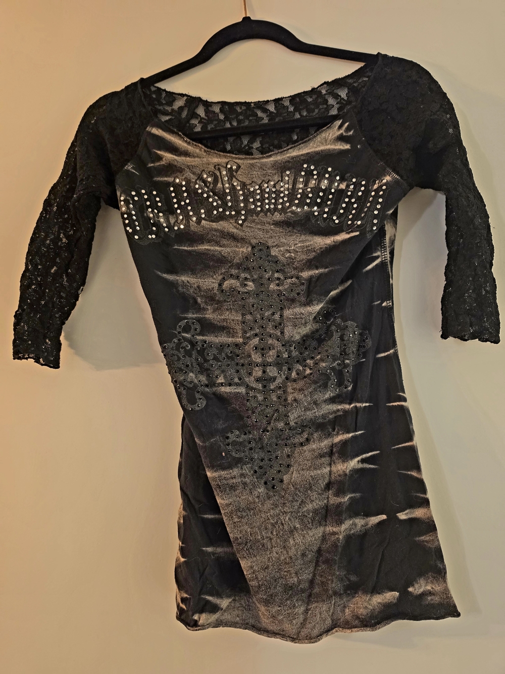 Black Lace-Sleeve Studded Cross Top
